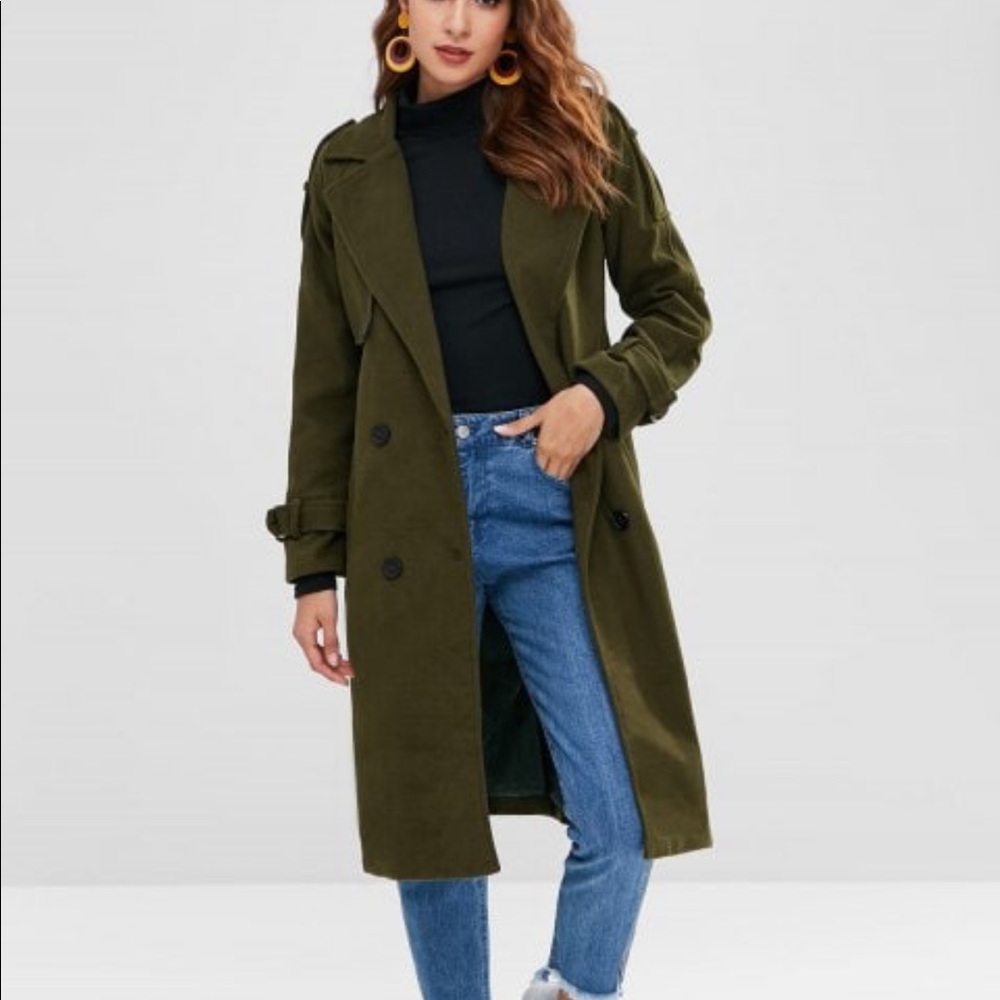 Green Faux Wool Trench Coat